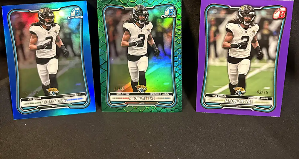 One player in three colour parallels: blue and green refractors and a purple parallel